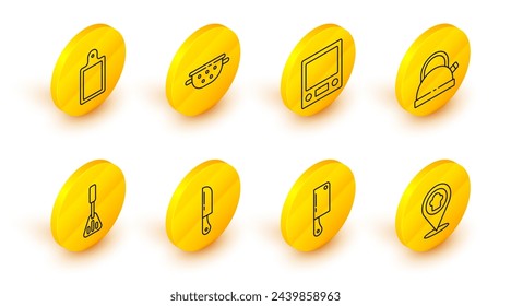 Set line Chef hat with location, Meat chopper, Knife, Spatula, Kettle handle, Electronic scales, Kitchen colander and Cutting board icon. Vector