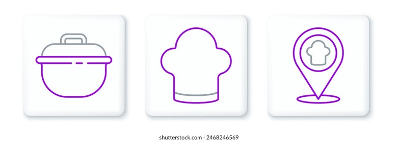 Set line Chef hat with location, Cooking pot and  icon. Vector