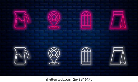 Set line Chef hat with location, Salt, Jug glass water and Bag of coffee beans. Glowing neon icon on brick wall. Vector