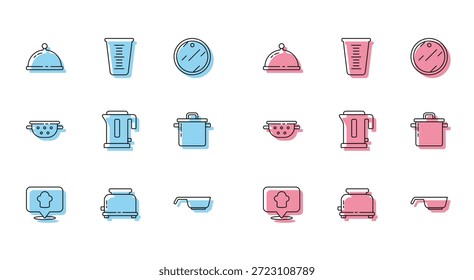 Sombrero del chef de la línea del sistema con la ubicación, tostadora, bandeja cubierta de la comida, sartén, hervidor eléctrico, olla, colador de la cocina y icono de la taza de medición. Vector