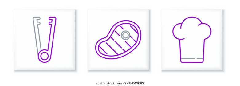 Sombrero del chef de la línea del sistema, pinzas de la carne y icono de la carne del bistec. Vector