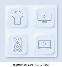 Set line Chef hat, Online play video, Stereo speaker and Online play video. White square button. Vector