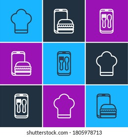 Set line Chef hat, Online ordering and delivery and  icon. Vector