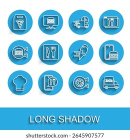 Set line Chef hat, Online ordering and delivery, pizza, Donut, Fast by car, Cafe restaurant location,  and ice cream icon. Vector
