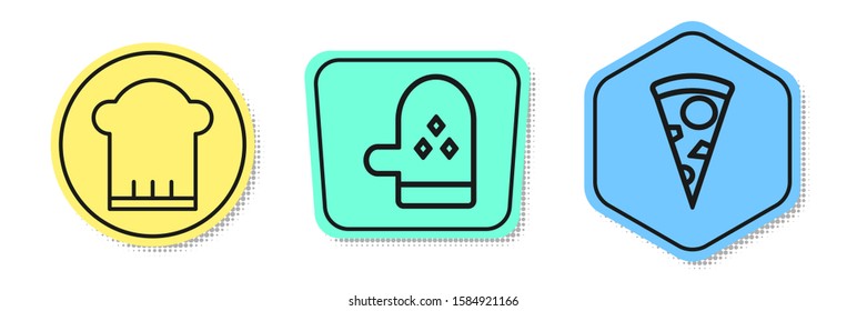 Set line Chef hat , Oven glove  and Slice of pizza . Colored shapes. Vector