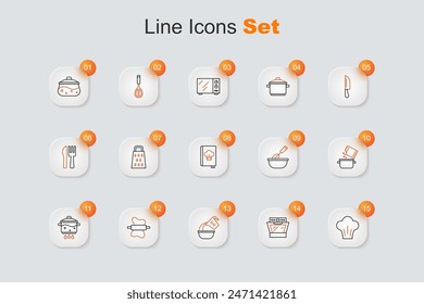 Set line Chef hat, Oven, Measuring cup and bowl, Rolling pin on dough, Cooking pot fire, spice, whisk with and Cookbook icon. Vector