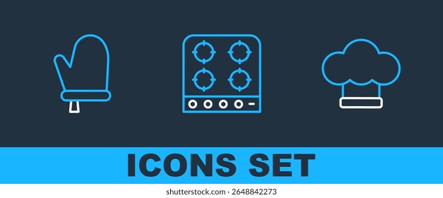 Set line Chef hat, Oven glove and Gas stove icon. Vector