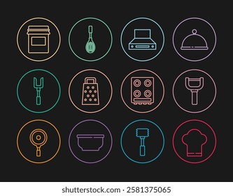 Set line Chef hat, Peeler, Kitchen extractor fan, Grater, Barbecue fork, Jam jar, Gas stove and whisk icon. Vector