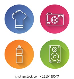 Set line Chef hat, Photo camera, Fitness shaker and Stereo speaker. Color circle button. Vector