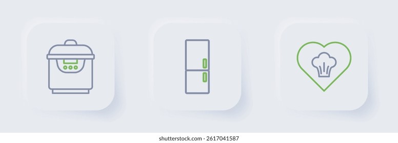 Set line Chef hat, Refrigerator and Slow cooker icon. Vector