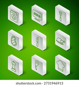 Set line Chef hat, Rib eye steak, Barbecue coal bag, knife, Steak meat, Pepper and Roasted turkey or chicken icon. Vector