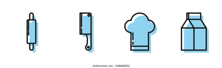 Set Line Chef Hat , Rolling Pin , Meat Chopper  And Paper Package For Milk  Icon. Vector