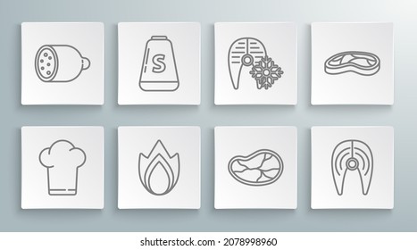Set line Chef hat, Salt, Fire flame, Steak meat, Fish steak, Fresh frozen fish,  and Salami sausage icon. Vector