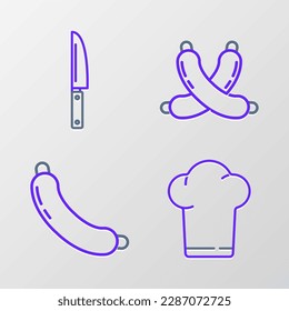 Set line Chef hat, Sausage, Crossed sausage and Knife icon. Vector