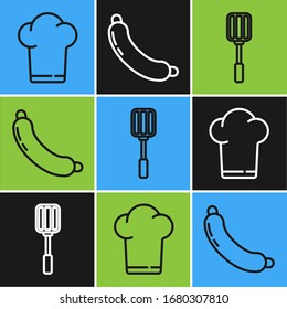 Ajuste la línea de sombrero Chef, espátula y icono de salchicha. Vector