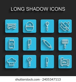 Set-Line-Kochmütze, Spatula, elektronische Waage, Knife, Mikrowellenherd, Fleischchopper, Grillgitter und Rolling-Pin-Icon. Vektorgrafik
