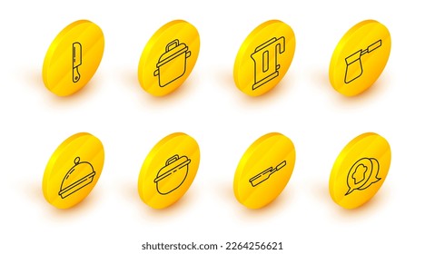 Set line Chef hat in speech bubble, Frying pan, Cooking pot, Covered with tray of food, Coffee turk, Electric kettle,  and Knife icon. Vector