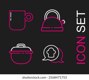 Set line Chef hat in speech bubble, Cooking pot, Kettle with handle and Coffee cup icon. Vector