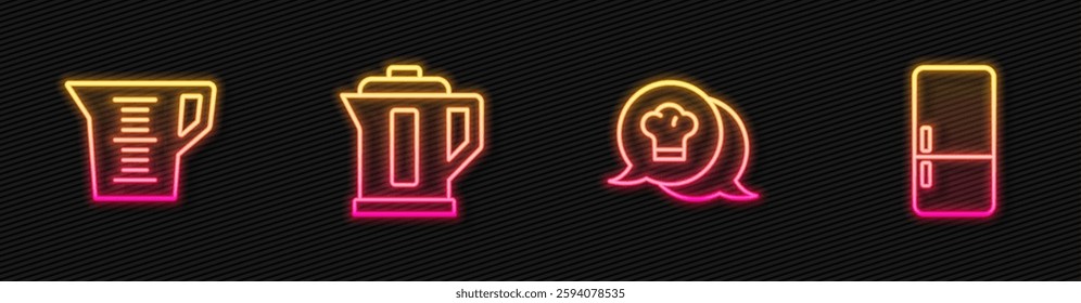 Set line Chef hat in speech bubble, Measuring cup, Electric kettle and Refrigerator. Glowing neon icon. Vector
