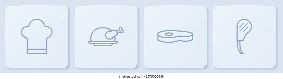 Set line Chef hat, Steak meat, Roasted turkey or chicken and Rib eye steak. White square button. Vector