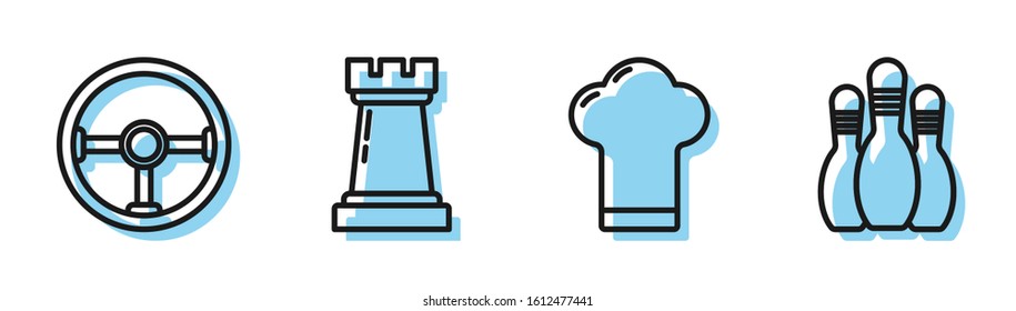 Set line Chef hat, Steering wheel, Chess symbol and Bowling pin icon. Vector