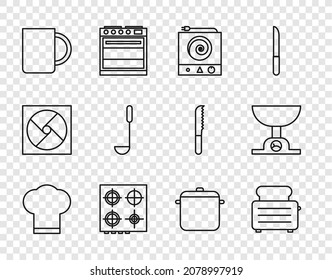 Set line Chef hat, Toaster with toasts, Electric stove, Gas, Coffee cup, Kitchen ladle, Cooking pot and Electronic scales icon. Vector