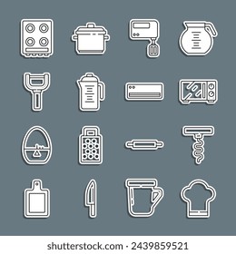 Set line Chef hat, Wine corkscrew, Microwave oven, Electric mixer, Teapot, Peeler, Gas stove and Air conditioner icon. Vector
