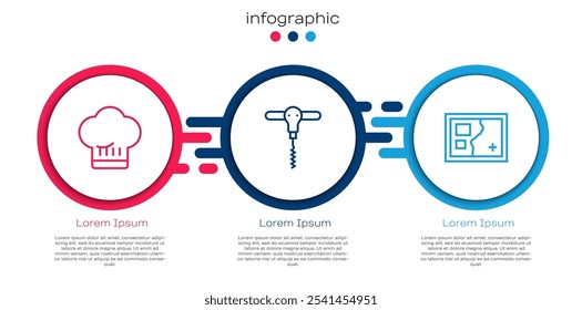Set line Chef hat, Wine corkscrew and Folded map. Business infographic template. Vector