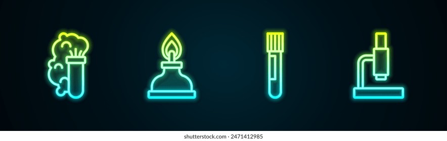 Set line Chemical explosion, Alcohol or spirit burner, Test tube and flask and Microscope. Glowing neon icon. Vector