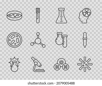 Set line Chemical explosion, Bacteria, Test tube and flask, Microscope, Petri dish with bacteria, Molecule, formula for H2O and Pipette icon. Vector