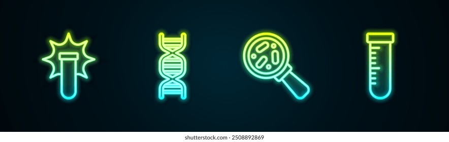 Línea fija Explosión química, símbolo de ADN, microorganismos bajo lupa y tubo de ensayo y matraz. Icono de neón brillante. Vector