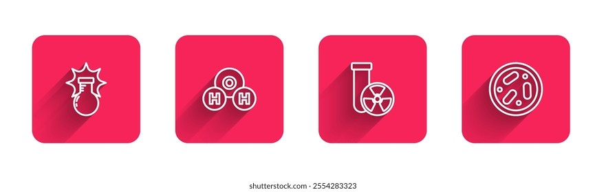 Set line Chemical explosion, formula for H2O, Test tube radiation and Petri dish with bacteria with long shadow. Red square button. Vector