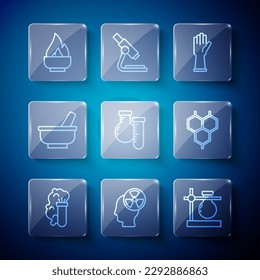 Set line Chemical explosion, Head and radiation symbol, Test tube flask stand, Medical rubber gloves, Mortar pestle, Alcohol spirit burner and formula icon. Vector