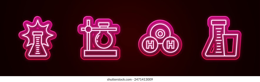 Set line Chemical explosion, Test tube flask stand, formula for H2O and . Glowing neon icon. Vector