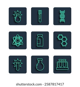 Set line Chemical explosion, Test tube and flask, DNA symbol, Atom,  and formula icon. Vector