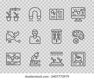Set-Line Chemical Formel, 3D Drucktechnik, Klinische Aufzeichnungen, Mikroskop, Pipette und Anlage, Laborassistent, automatische Bewässerungssprenger und Virus-Icon. Vektorgrafik
