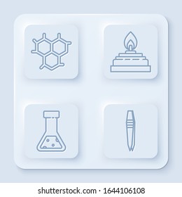 Set line Chemical formula, Alcohol or spirit burner, Test tube and flask chemical and Tweezers. White square button. Vector