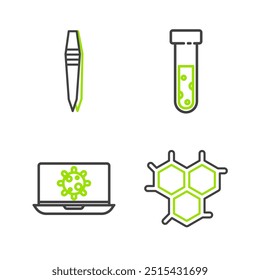 Definir fórmula química, Bactérias no laptop, tubo de ensaio e frasco químico e ícone de pinças. Vetor