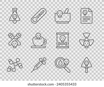 Set line Chemical formula, Bones and skull, Mortar pestle, Syringe, Bottle with potion, Coffee cup, Poison magnifying glass and Radioactive icon. Vector