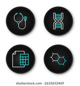 Set line Chemical formula, Calculator, DNA symbol and Stethoscope icon. Vector