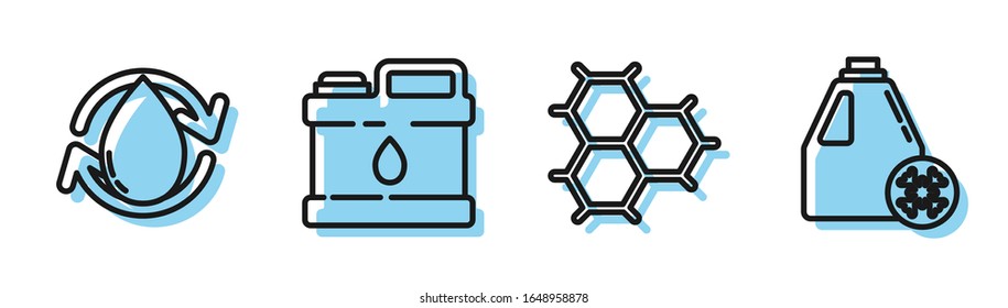 Fijar la línea Fórmula química consistente en anillos de benceno, gota de aceite, Cañón para aceite de máquina motora y icono del cartucho anticongelante. Vector