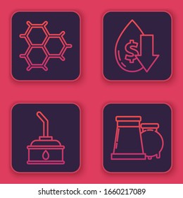Set line Chemical formula consisting of benzene rings, Canister for motor machine oil, Drop in crude oil price and Oil and gas industrial factory building. Blue square button. Vector