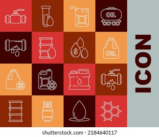 Set line Chemical formula consisting of benzene rings, Canister motor machine oil, gasoline, Barrel, Industry metallic pipes and valve and Oil drop dollar symbol icon. Vector