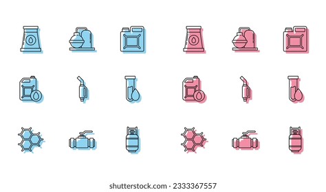 Set line Chemical formula consisting of benzene rings, Oil gas industrial factory building, Propane tank, Gasoline pump nozzle, petrol test tube, Canister motor machine oil and  icon. Vector