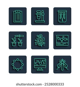 Set line Chemical formula, Genetic engineering modification, Experimental insect, animal, Bacteria, Pipette and plant, Clinical record and  icon. Vector