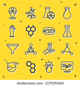 Set line Chemical formula for H2O, Molecule, Test tube and flask, radiation, Medical rubber gloves, Radioactive in location and Petri dish with bacteria icon. Vector