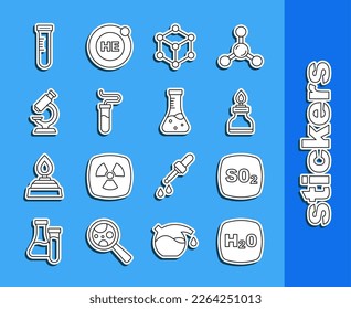 Set line Chemical formula H2O, Sulfur dioxide SO2, Alcohol spirit burner, Molecule, Test tube, Microscope,  and  icon. Vector