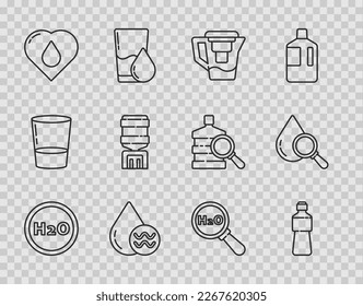 Set line Chemical formula for H2O, Bottle of water, Water jug with filter, Recycle clean aqua, Heart drop, cooler,  and Drop and magnifying glass icon. Vector