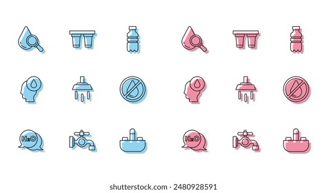 Set line Chemical formula for H2O, Water tap, Drop and magnifying glass, Washbasin with water, Shower, drop forbidden,  and filter icon. Vector