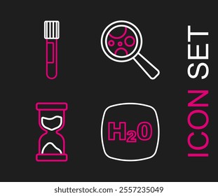 Set line Chemical formula H2O, Old hourglass, Microorganisms under magnifier and Test tube icon. Vector